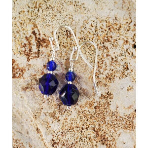 Eye Catcing Faceted Blue and Silver Glass Earrings Handmade 1 inch Simple Chic
